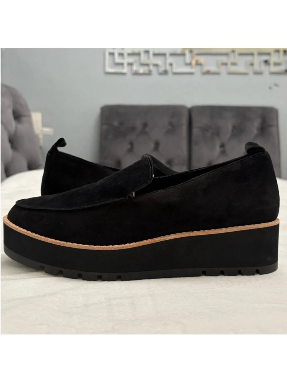 Eileen Fisher Ells Black Suede Platform Loafers - Women's Slip-On Comfort Sz 8.5